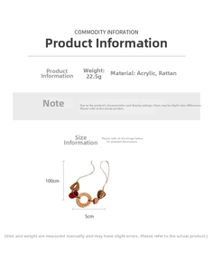 Size chart detail for vintage rattan pendant necklace showing 100cm length and 5cm pendant width