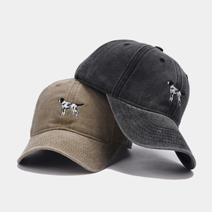 Washed cotton baseball caps with dog embroidery in khaki and charcoal grey colors