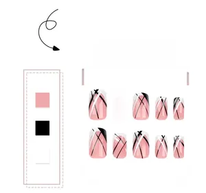 Short square press-on nails with pink base and black-white geometric diagonal splicing