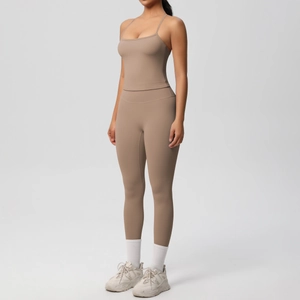 Front full view of beige high-waist yoga leggings and thin strap sports bra set