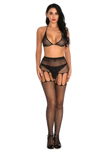 Detail of black fishnet lingerie set with sparkling rhinestones and open crotch design