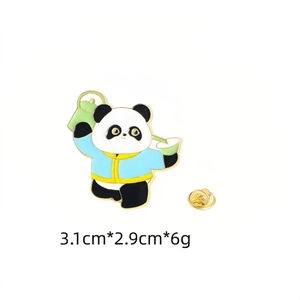 Detail showing cartoon panda enamel pin dimensions 3.1cm by 2.9cm with butterfly clutch