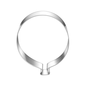 Detail of a silver balloon-shaped stainless steel cookie cutter for holiday baking