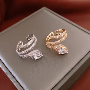 Snake Shaped Wrapped Open Ring For Women Copper Gold Plated With Waterdrop Cubic Zirconia Pave Set Elegant Retro Jewelry