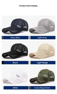 Mesh sports baseball caps in six colors including navy, grey, black, beige, white, and camo