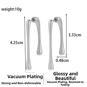 Detailed view of silver liquid metal earrings with dimensions and vacuum plating specs