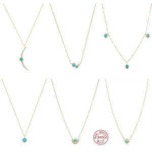 925 Sterling Silver Necklace Turquoise Moon Fan Pendant Zirconia Layered Clavicle Chain Jewelry For Women Gift
