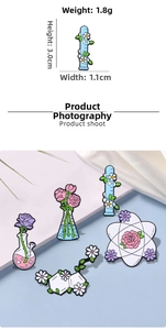 Detail of creative science enamel pin featuring chemical flask with floral decoration