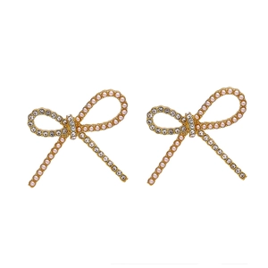 Chic gold-plated bow earrings with delicate pink pearls and sparkling rhinestones