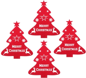 Detail of four red felt Christmas tree cutlery holders with Merry Christmas printing