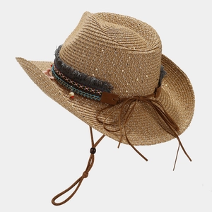 Bohemian straw sun hat with silver sequins and ethnic tassel band for beach travel