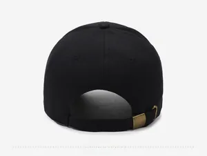 Detail view of the back of a black baseball cap with an adjustable metal buckle