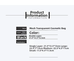 Size chart for black mesh makeup bags showing five different dimensions and materials