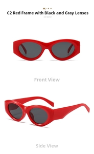 Front and side view of trendy oval red frame sunglasses with dark grey UV lenses