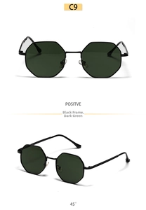 Detail view of octagon metal sunglasses with black frame and dark green lenses in two angles