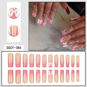 Pink French long coffin press-on nails with 3D bows and pearls for women