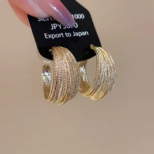 Multi Layer Textured C Shaped Hoop Earrings Real Gold Plated Copper With Silver Earring Post Minimalist Fashion For Women