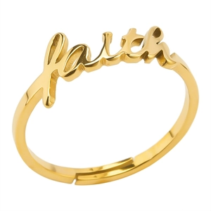 Adjustable golden faith letter ring in 304 stainless steel with a polished finish