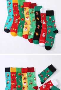 Detailed set of eight festive Christmas crew socks featuring Santa, elk, and snowman patterns