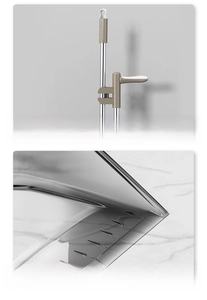 Detail of ergonomic handle with hanging hole and flexible scraper head for cleaning