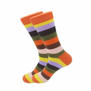 Men's athletic crew socks with colorful striped pattern and breathable knit cotton fabric