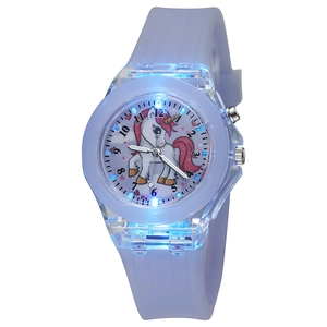 Cartoon unicorn children's quartz watch with purple silicone strap and blue LED glowing light