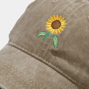 Khaki corduroy baseball cap with embroidered sunflower pattern for outdoor sun protection