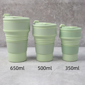 Collapsible silicone travel cups in light green, available in 350ml, 500ml, and 650ml sizes