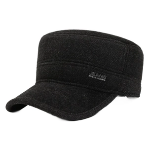 Men's winter flat top thermal wool hat with ear flaps and metal jeans badge decor