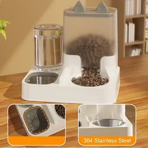 2-in-1 automatic pet feeder and waterer with 304 stainless steel bowl in cream white