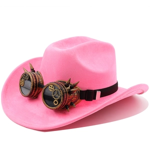 Detail view of pink suede cowboy hat with bronze steampunk goggles and gear ornaments