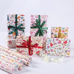Hand-drawn heart and floral pattern gift wrapping paper set for Valentine's Day