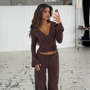Women Long Sleeve V Neck Wrap Top And Wide Leg Pants Polyester Spandex Ribbed Knit Solid Color Flare Sleeve High Waist