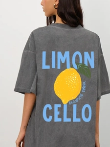 Vintage πλυμένο μαύρο βαμβακερό t-shirt με μεγάλο τύπωμα λεμονιού στην πλάτη και μπλε κείμενο