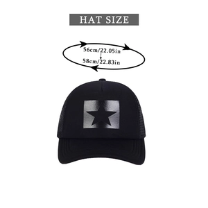Detailed size guide for black mesh trucker hat with star patch for 56-58cm head size