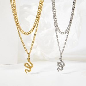 Double-layered stainless steel snake pendant necklace in gold and silver finish