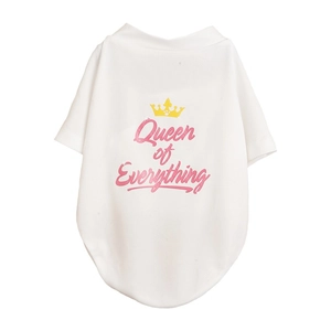 Detail of breathable mesh dog vest with pink Queen of Everything text and yellow crown