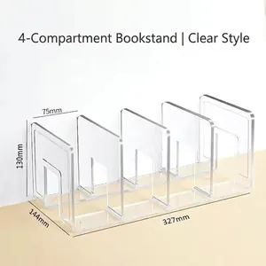 Detailed view of clear acrylic four-slot bookend with precise 327mm length dimensions