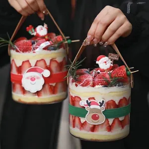 Christmas Transparent Portable PET Cake Bucket Decor PVC Santa Reindeer Toppers Dessert Packaging Box