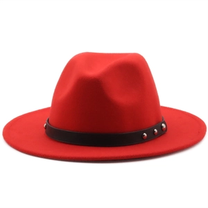 Red wool felt wide brim fedora hat with black leather belt and silver metal studs