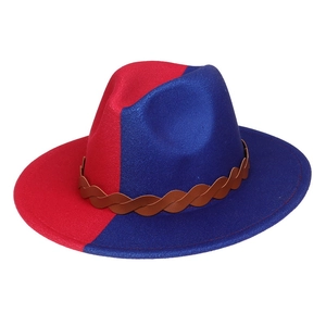 Detail view of the red and blue wool felt fedora featuring a braided leather hatband