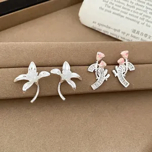 Mode Blumen Ohrstecker Kupfer Zirkon Pink Rose C Form Design Mit 925 Sterling Silber Ohrring Stecker Für Frauen