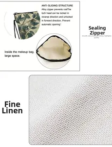 Detail of linen makeup bag showing rustproof alloy zipper and large inner capacity