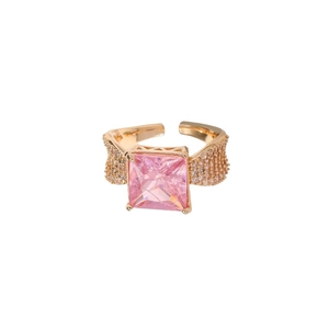 Adjustable gold ring with a large square pink gemstone and pavé-set side diamonds