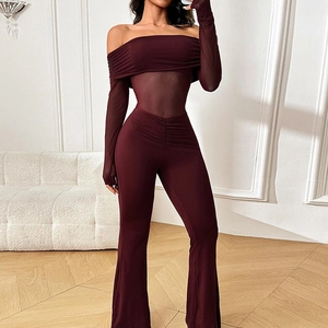 Damen Off-Shoulder Mesh-Patchwork-Jumpsuit Langarm Ausgestelltes Bein Eng Anliegend Hohe Taille Sexy Streetwear