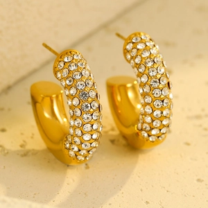 18K gold plated C-shaped hoop earrings with multi-row white zircon pavé setting