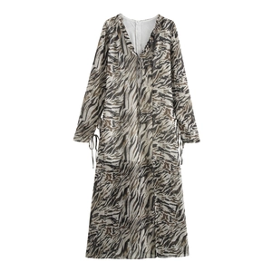 Tiger Print Maxi Dress V Neck Long Sleeve Chiffon Drawstring High Waist Side Slit Retro Elegant For Women