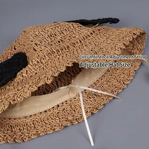 Handwoven raffia bucket hat for women with internal adjustable drawstring and cute ears