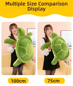 Detailed comparison showing 75cm and 100cm green sea turtle plush toys held by model