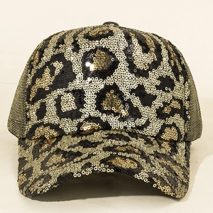 Stylish leopard print sequin baseball cap with breathable black mesh back and brim